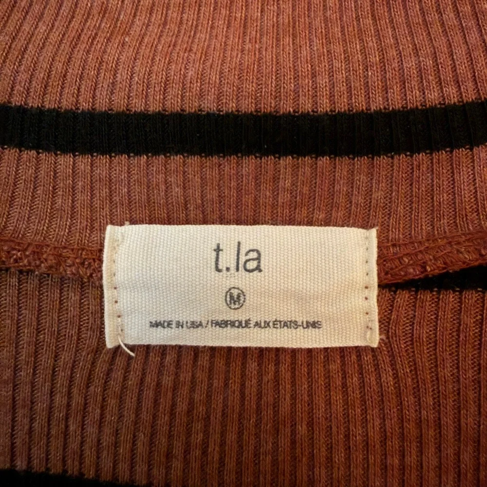Anthropologie t.la Ruffled Turtleneck Top Brown Black Stripped Size Medium - Picture 4 of 7